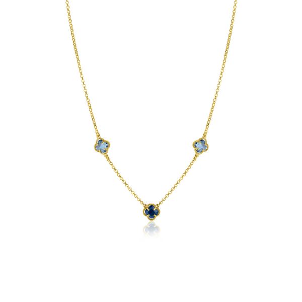 Halskette mit goldener Kette und drei blauen Edelsteinen in floralem Design