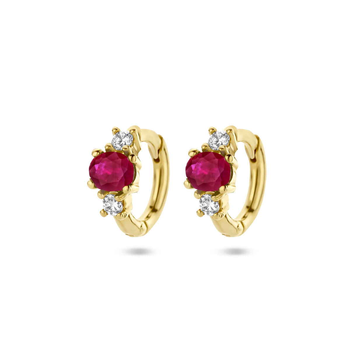 Klapp-Ohrringe aus 14K Gelbgold mit rotem Rubin und zwei weißen Diamanten 0,10 ct