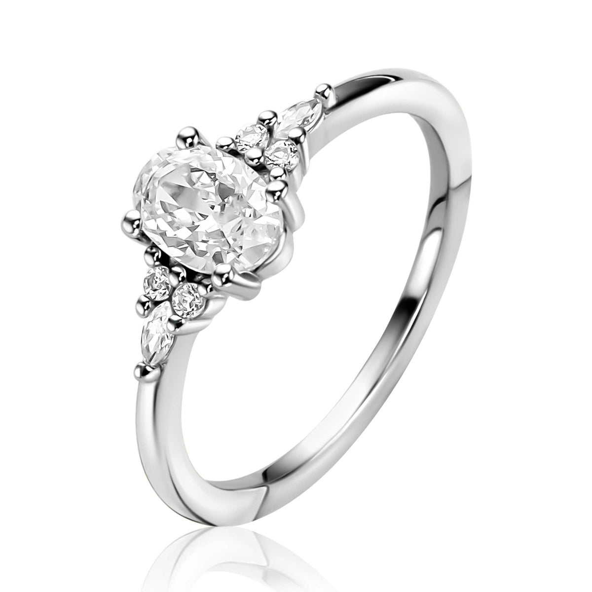 Ring aus Silber mit ovalem Zirkonia und kleinen, runden Steinchen an der Fassung