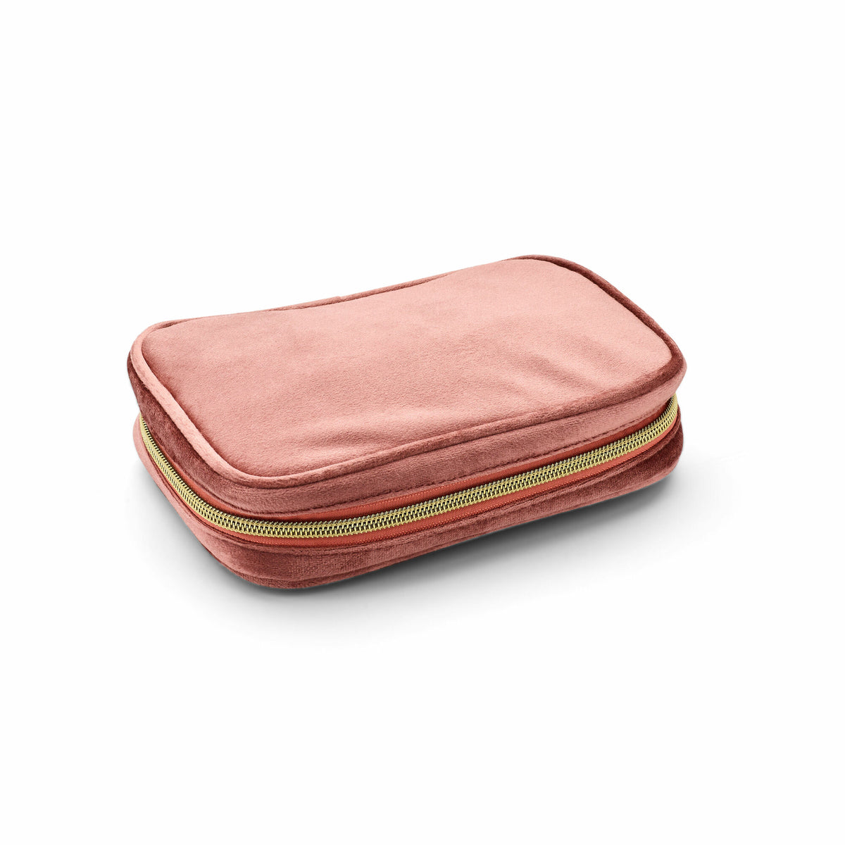Kompakte, elegante Schmuckbox in Rosa mit Reißverschluss und farbigen Akzenten