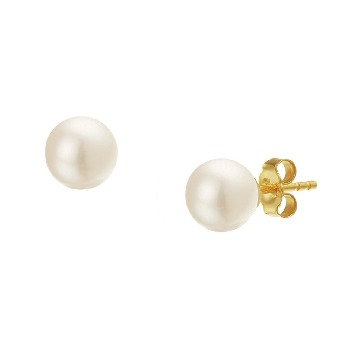 Een paar ronde witte oorknoppen van parelmoer 14K geelgoud van Van der Kooij Collectie met vlindersluitingen, afgebeeld op een witte achtergrond.