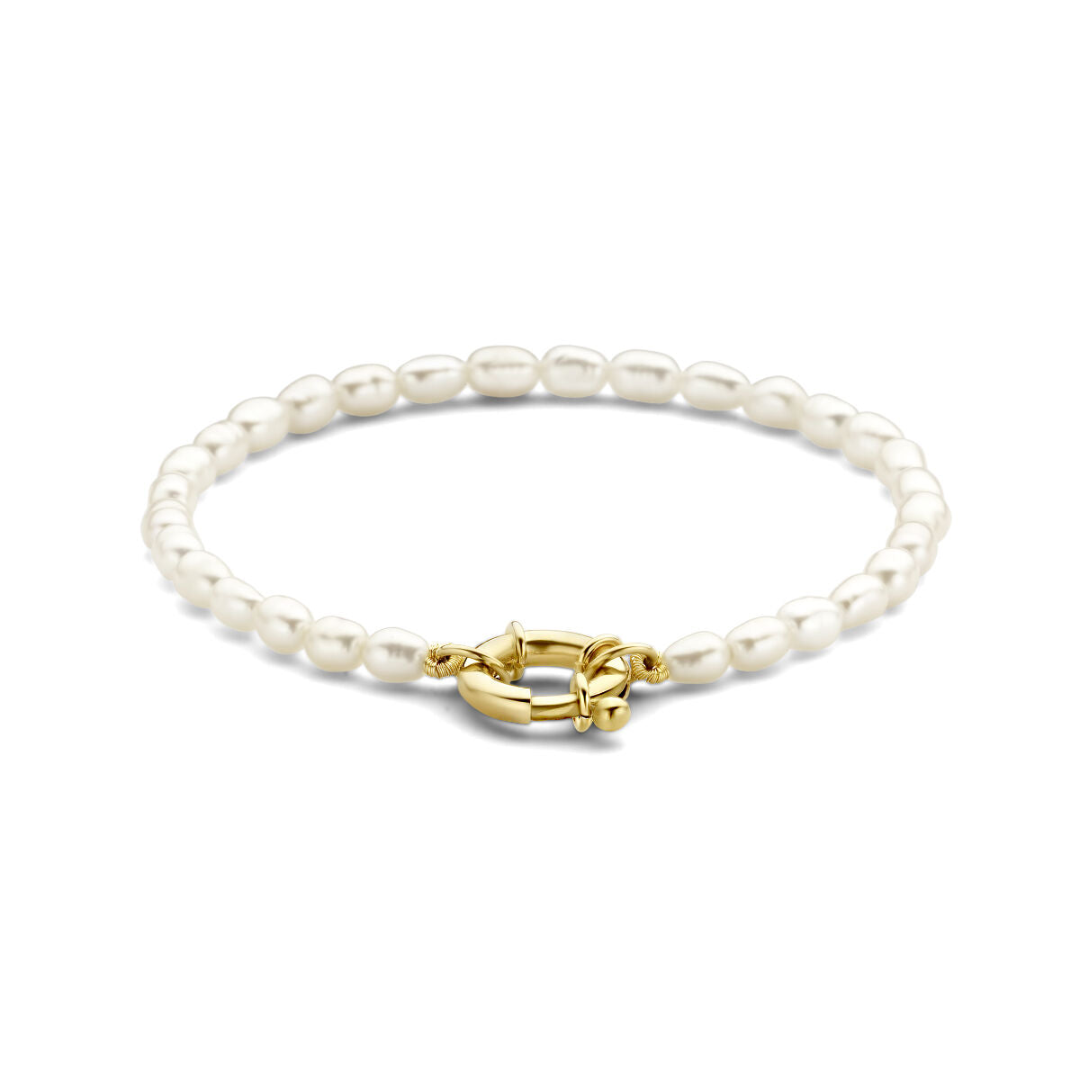 Armband aus weißen Perlen mit großem 14K Gelbgold-Springverschluss und elastischem Band