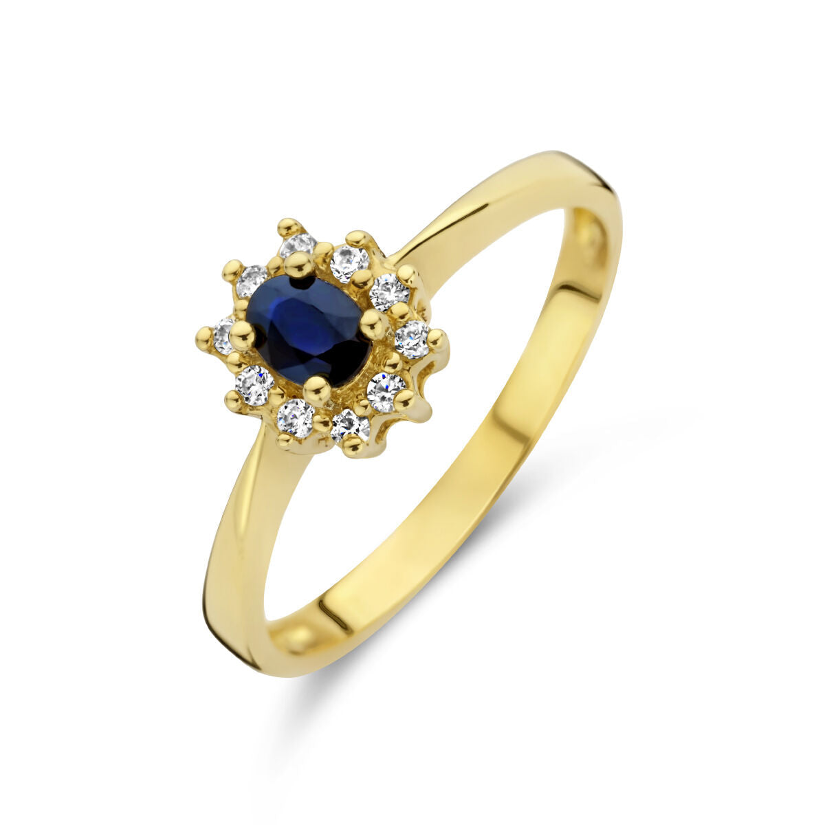 Ring aus 14K Gelbgold mit ovalem Saphir und Diamanten im Halo-Design