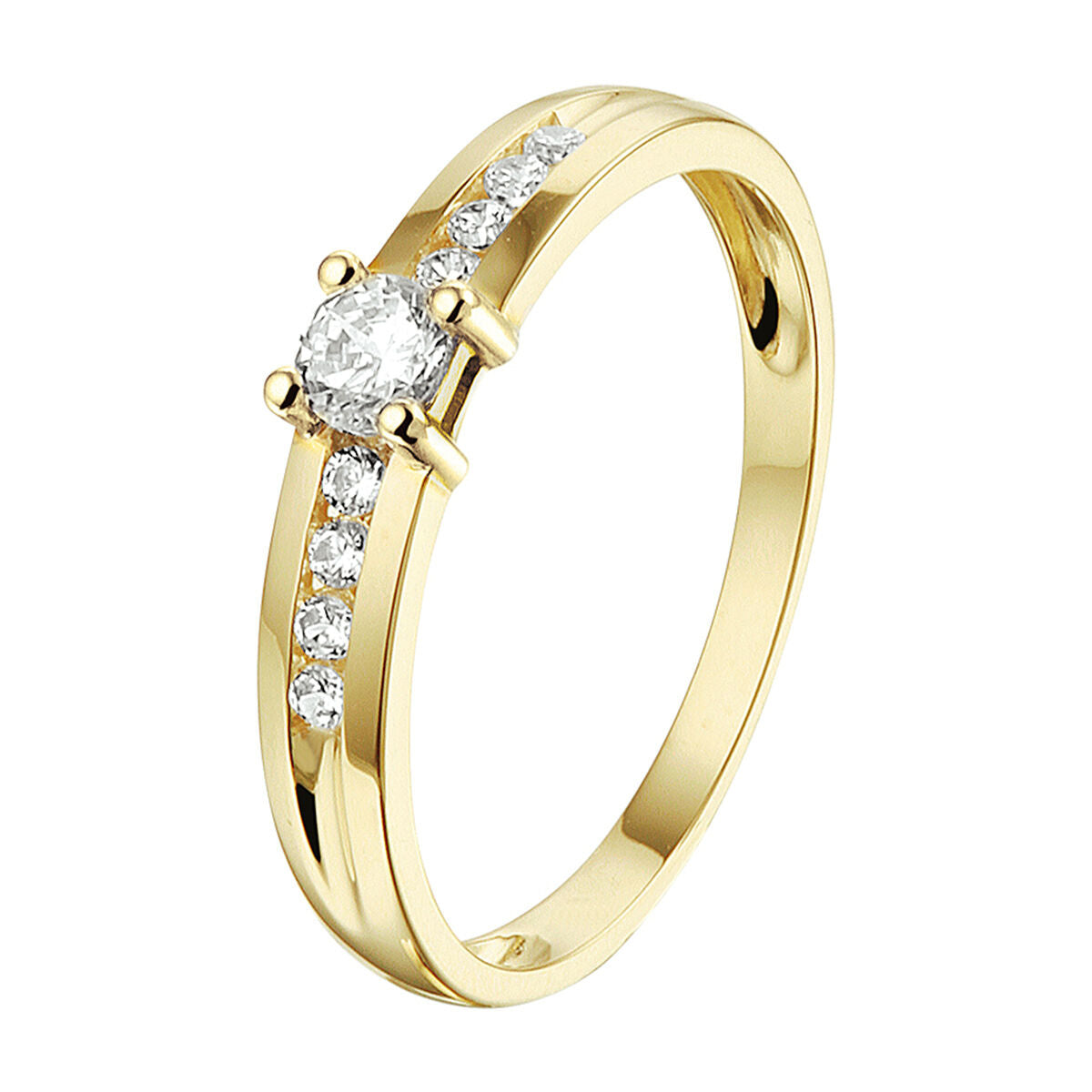 Ring aus 14K Gelbgold mit einem großen Zirkonia in der Mitte und sechs kleineren Zirkonias an der Seite