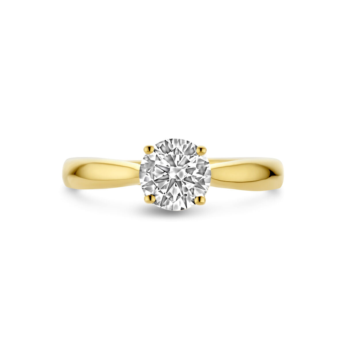 De Van der Kooij Collectie ring heeft een 1.0ct lab grown diamant (H SI) solitaire in een 14K geelgouden band, elegant weergegeven op een witte achtergrond.