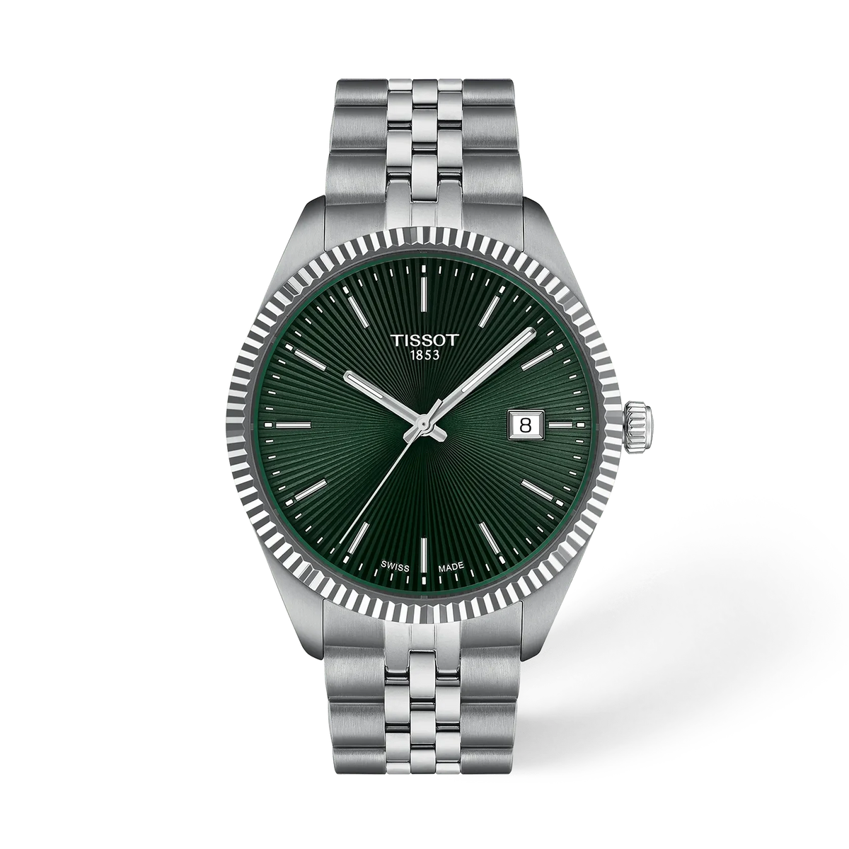 Herrenarmbanduhr mit grünem Zifferblatt, Edelstahlgehäuse und -armband, Datumsanzeige bei 3 Uhr.