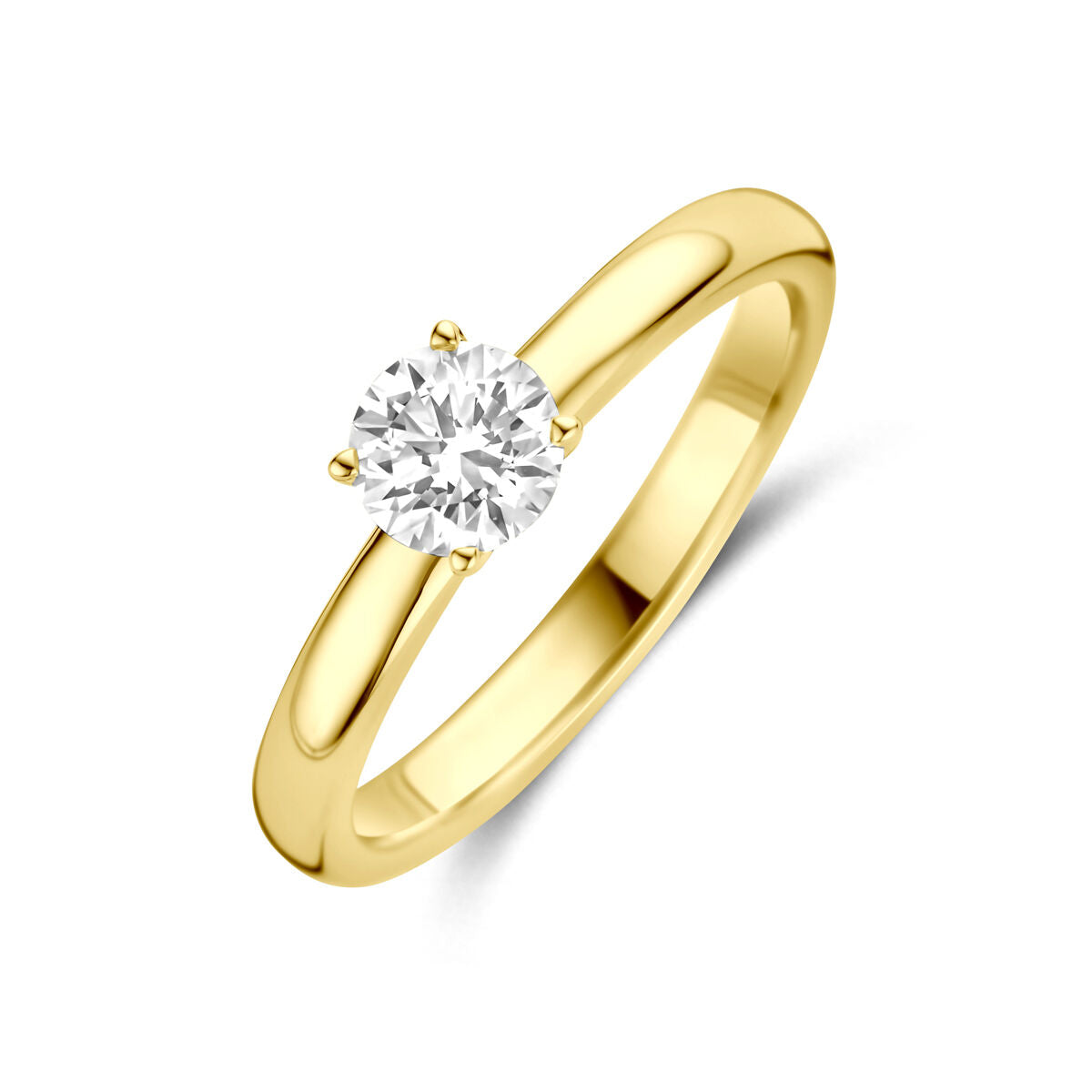 Damenring aus 14k Gelbgold mit rundem lab-grown Diamanten in Krappenfassung