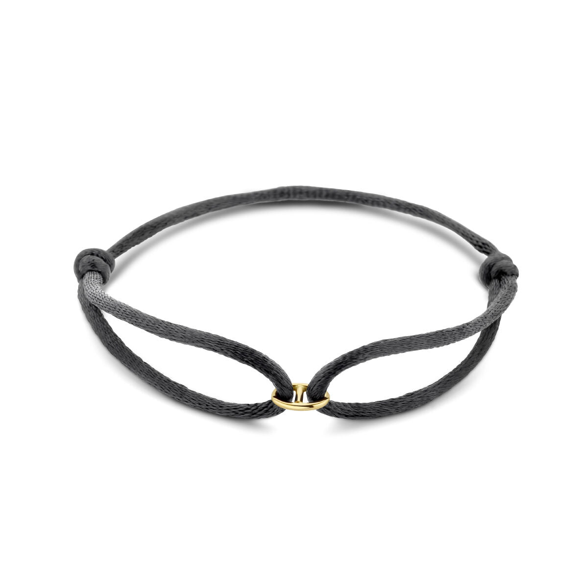 Armband aus schwarzem Satin mit 14K goldener Verbindung und Gummi/Nylon/Leder-Elementen