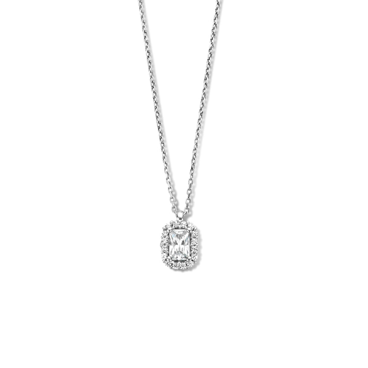 Halskette mit Zirkonia-Anhänger, rhodiniertes Silber, 41 + 4 cm lang, rechteckiger Anhänger mit Halo-Design