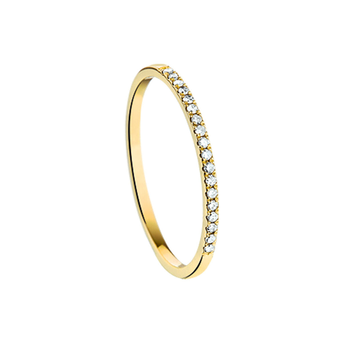 Een slanke Van der Kooij Collectie ring diamant 0.09ct H SI in 14K geelgoud, met een rij fonkelende witte diamanten langs de bovenste helft, afgebeeld op een effen witte achtergrond.