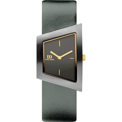 Uhr mit schwarzem Zifferblatt, quadratischem Gehäuse, goldenen Zeigern und grauem Lederarmband