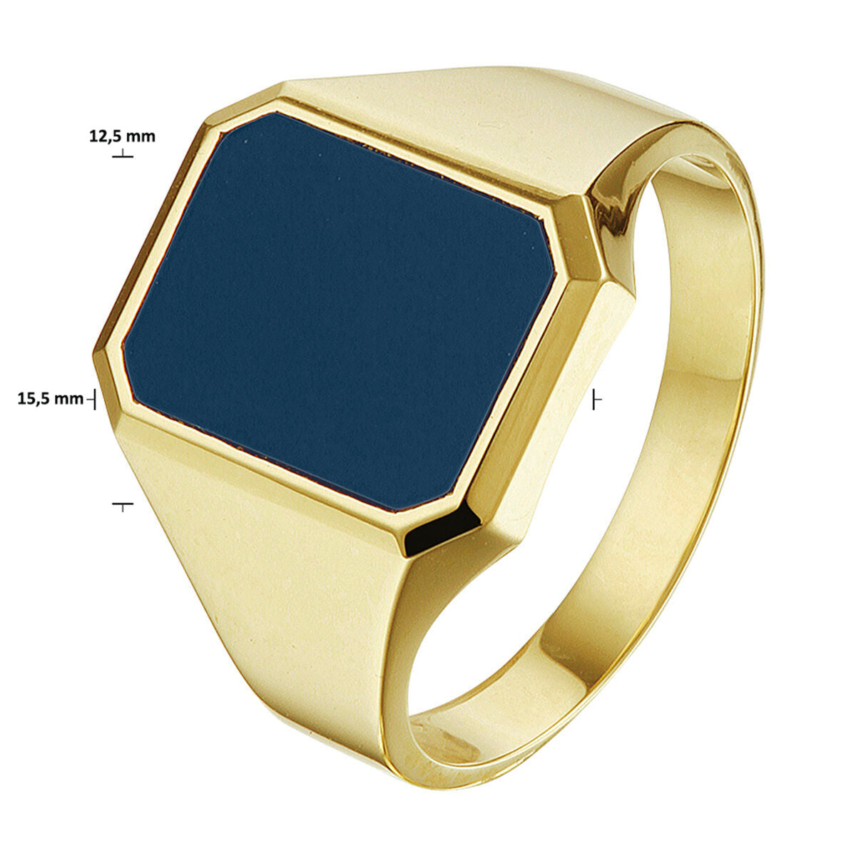 Een 14K massief geelgouden zegelring van Van der Kooij Collectie met donkerg blauwe hexagonale lagensteen, getoond onder een hoek. Afmetingen: 12,5 mm breed en 15,5 mm hoog. Witte achtergrond.