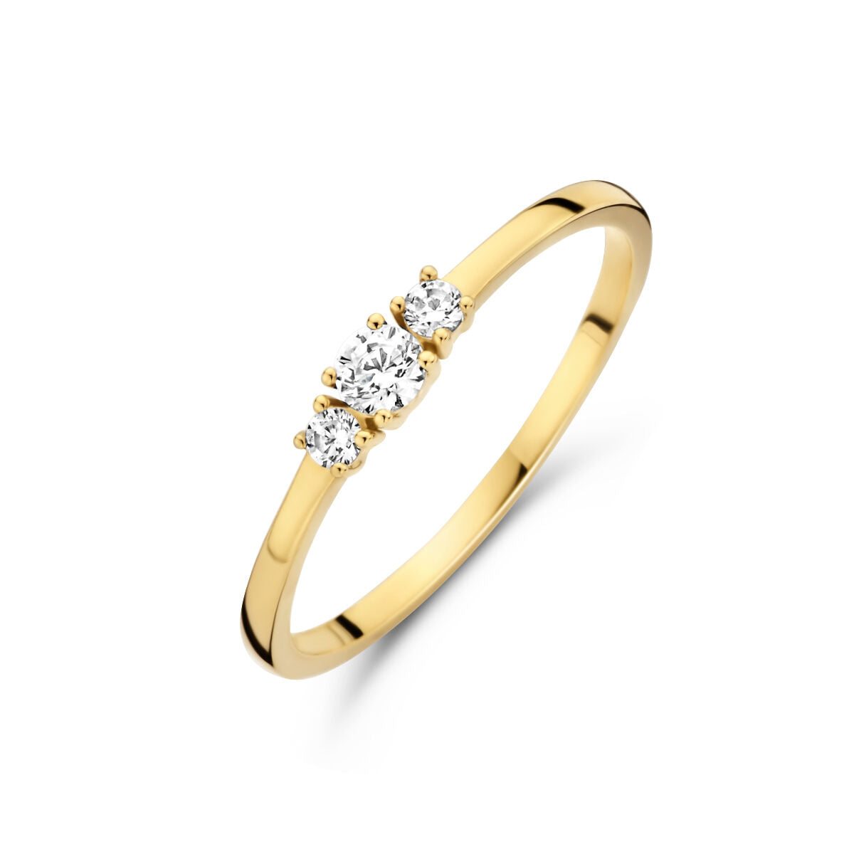 Ring aus 14K Gelbgold mit drei Zirkonia-Steinen in einer Trilogie-Anordnung