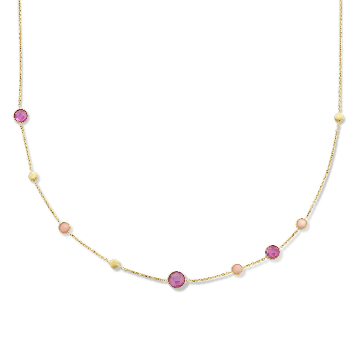 Collier aus 14K Gelbgold mit Rubinen, Opalen und runden Perlen in verschiedenen Farben, 41 - 43 - 45 cm lang