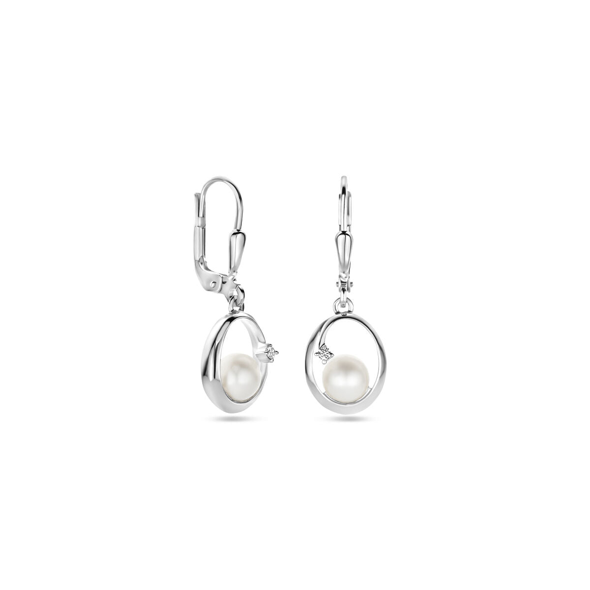 Ohrhänger oval Perle und Zirkonia Brisurhaken 27 mm Silber rhodiniert