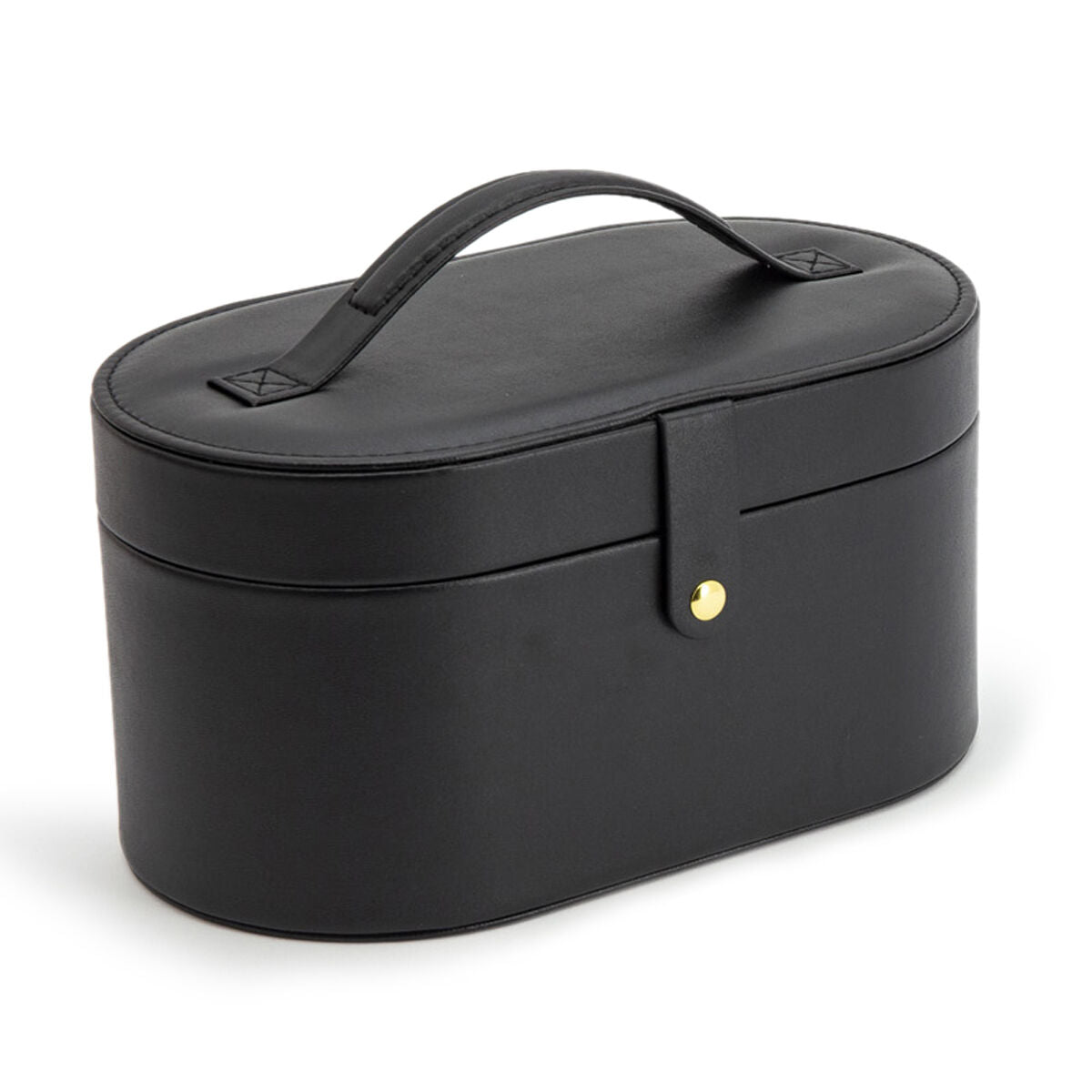 Schwarze Schmuckbox mit ovaler Form, einem Griff und goldfarbener Verschluss.