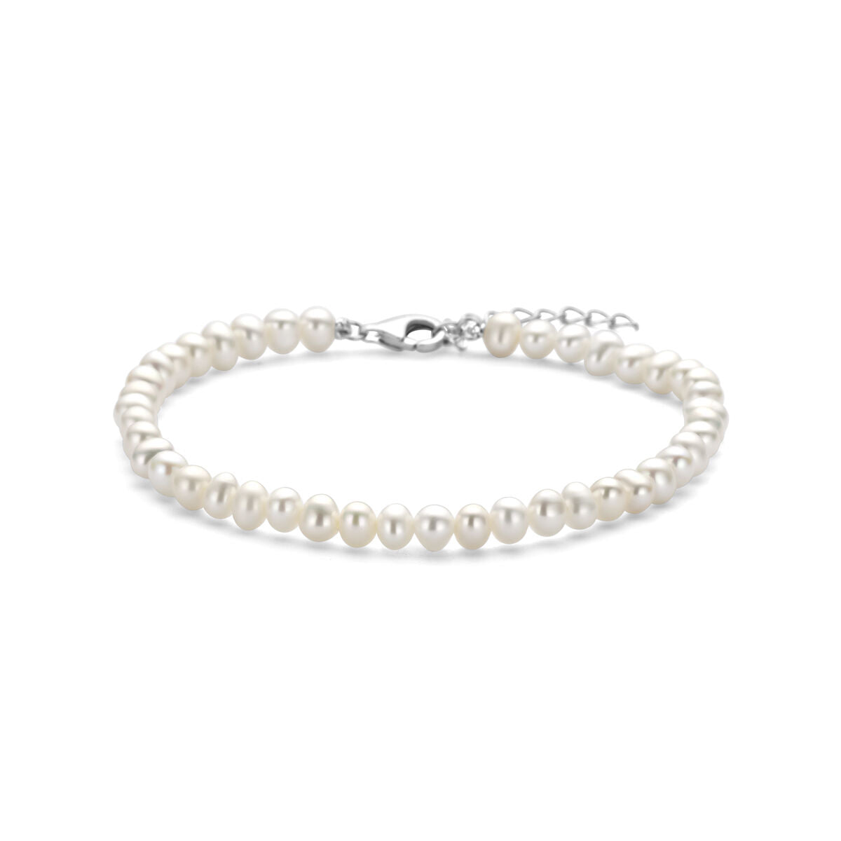 Armband aus rhodiniertem 925 Silber mit weißen Perlen und Karabinerverschluss