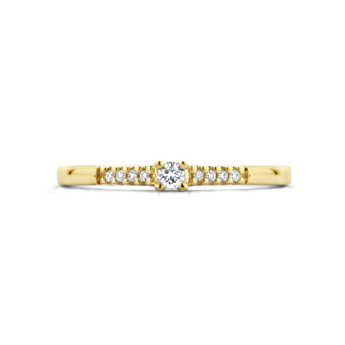 De Van der Kooij Collectie ring diamant 0.07ct h si in 14K geelgoud heeft een centrale solitaire diamant met een diamanten rij aan weerszijden, gepresenteerd tegen een witte achtergrond.