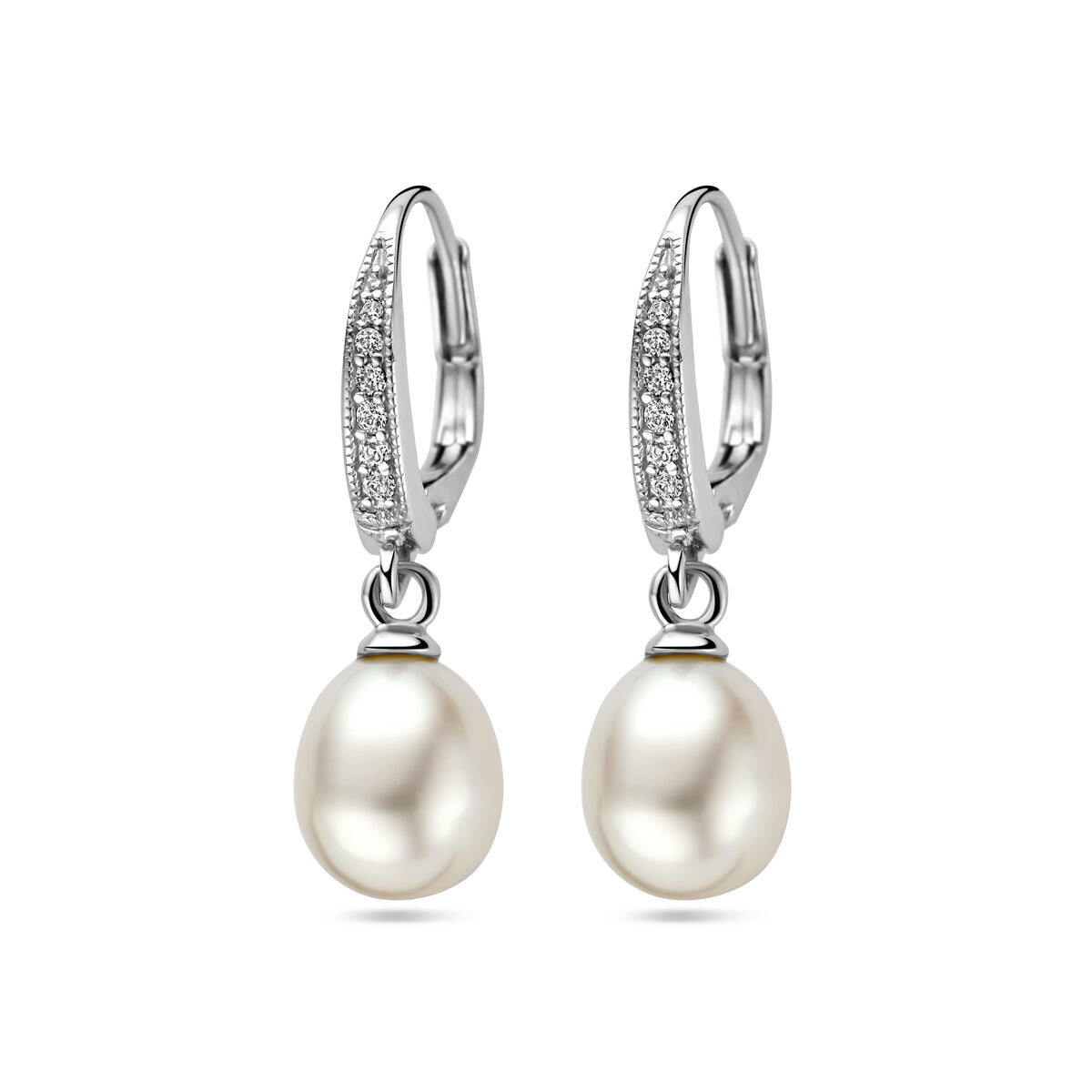 Ohrhänger mit einer Perle und Zirkonia, rhodiniertes Silber, tropfenförmige Perle, Brisur-Haken.