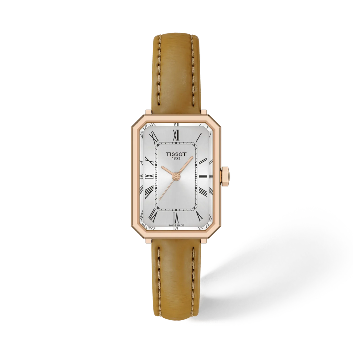 Uhr mit silbernem Zifferblatt, roségoldenem Gehäuse und braunem Lederarmband