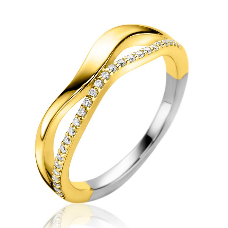 Ring mit goldfarbener Beschichtung und Zirkonia-Steinen, geschwungene Form, zweifarbige Ausführung