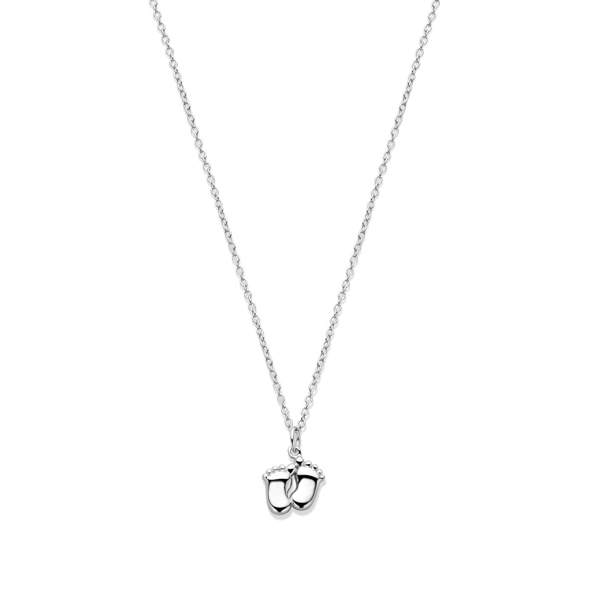 Collier mit rhodinierten Babyfüßchen, Länge 41 - 43 - 45 cm, aus Silber.
