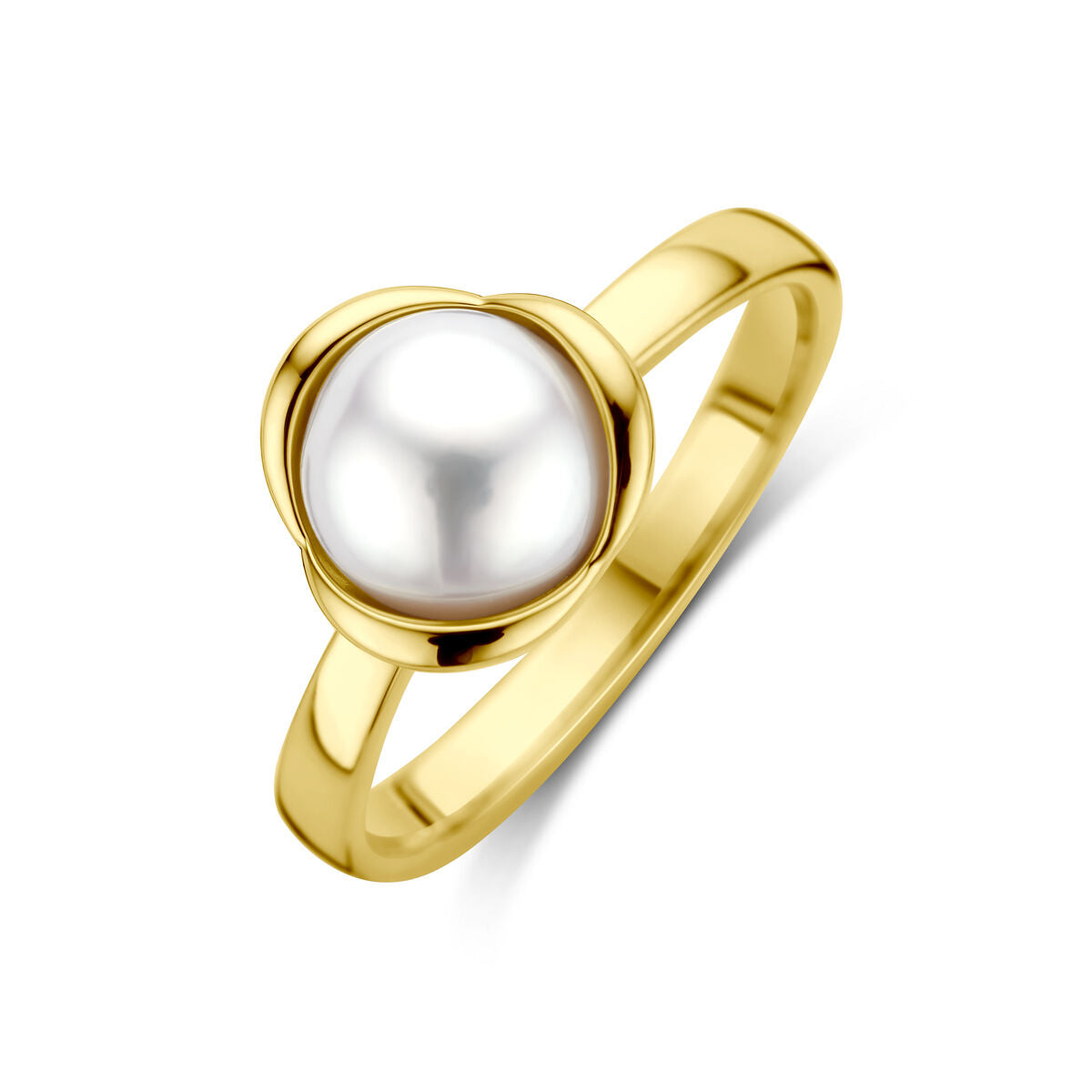 Ring aus 14K Gelbgold mit einer runden, weißen Perle in tulpenförmiger Fassung