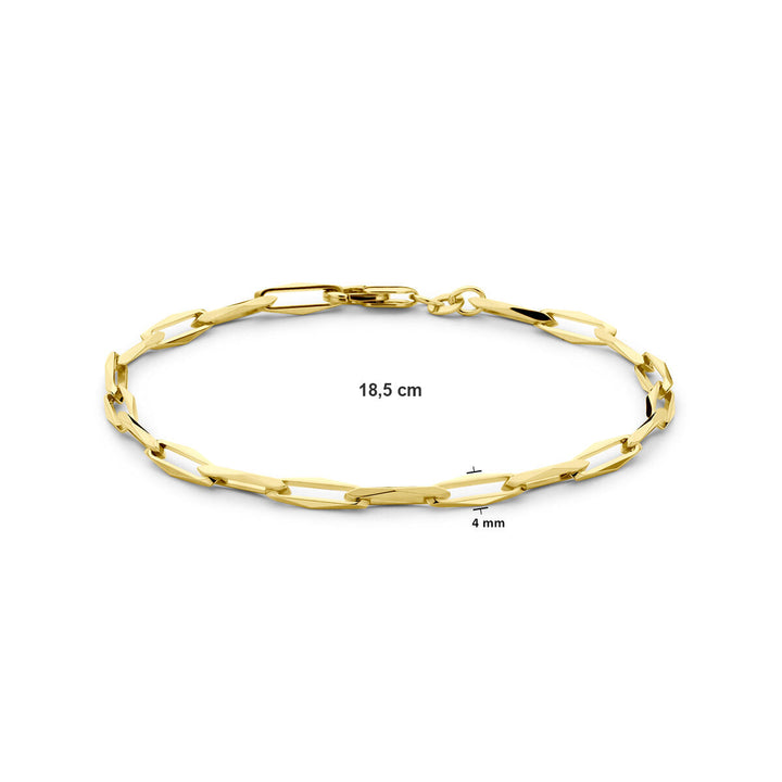 De armband gesloten voor altijd 4,0 mm massief 14K geelgoud van de Van der Kooij Collectie is een elegante damesarmband met paperclip schakel. Lengte: 18,5 cm, breedte: 4 mm. De goudkleurige schakels liggen plat op een witte achtergrond.
