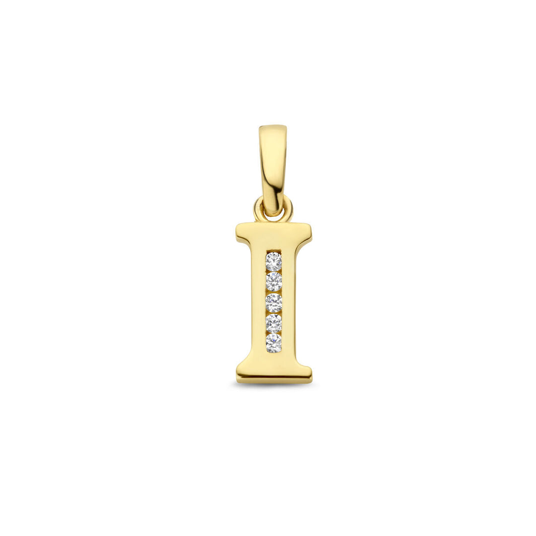 Van der Kooij Collectie hanger letter zirkonia 14K geelgoud: geelgouden hanger in de vorm van een I met vijf zirkonia's in verticale rij, getoond tegen witte achtergrond.