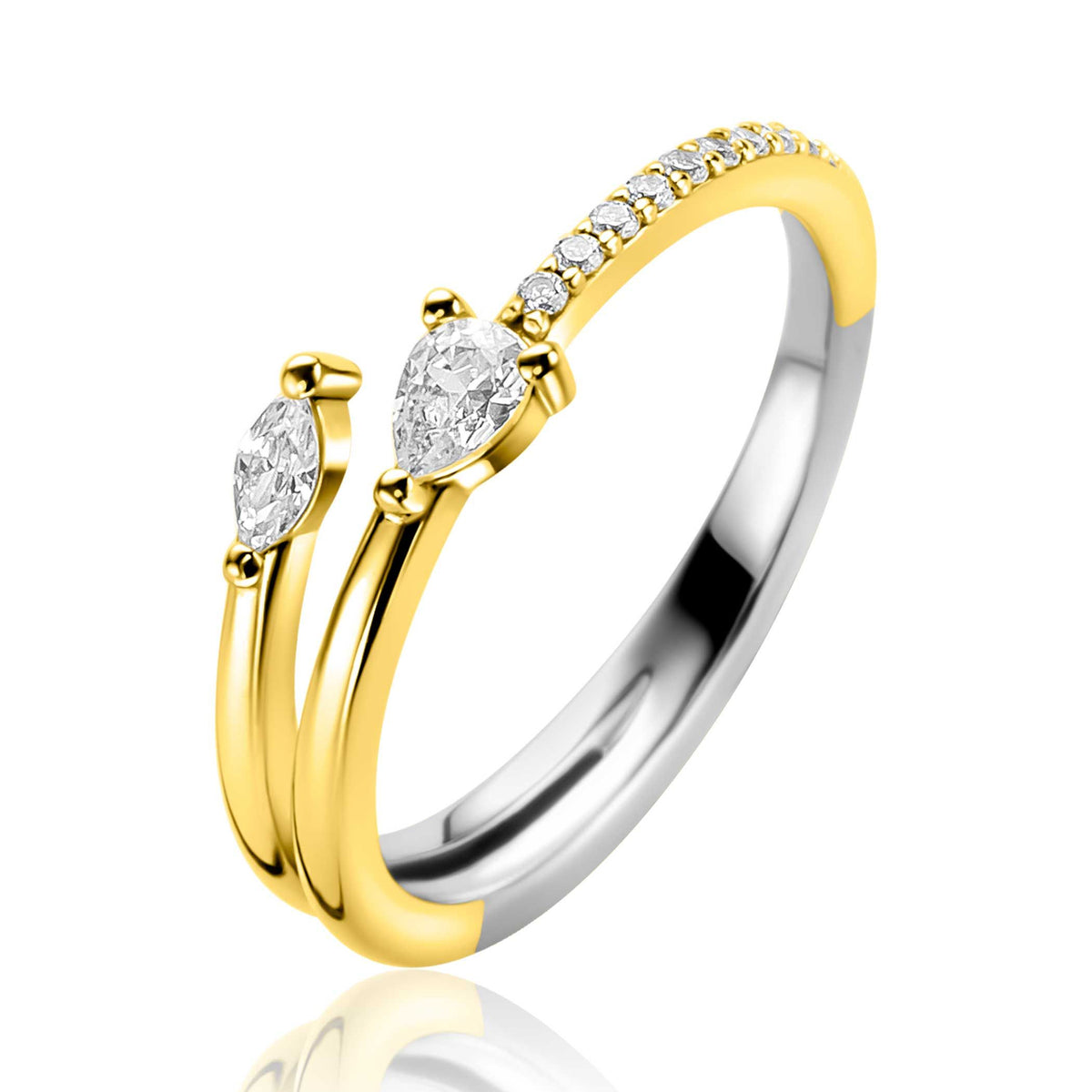 Ring aus Silber mit goldener Veredelung, zwei ovalen Zirkonia und einer Reihe kleiner Zirkonia
