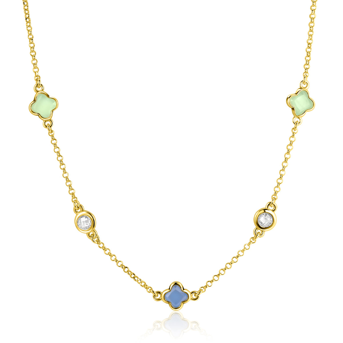 Kette mit goldplattierten Gliedern und bunten Edelsteinen in verschiedenen Formen