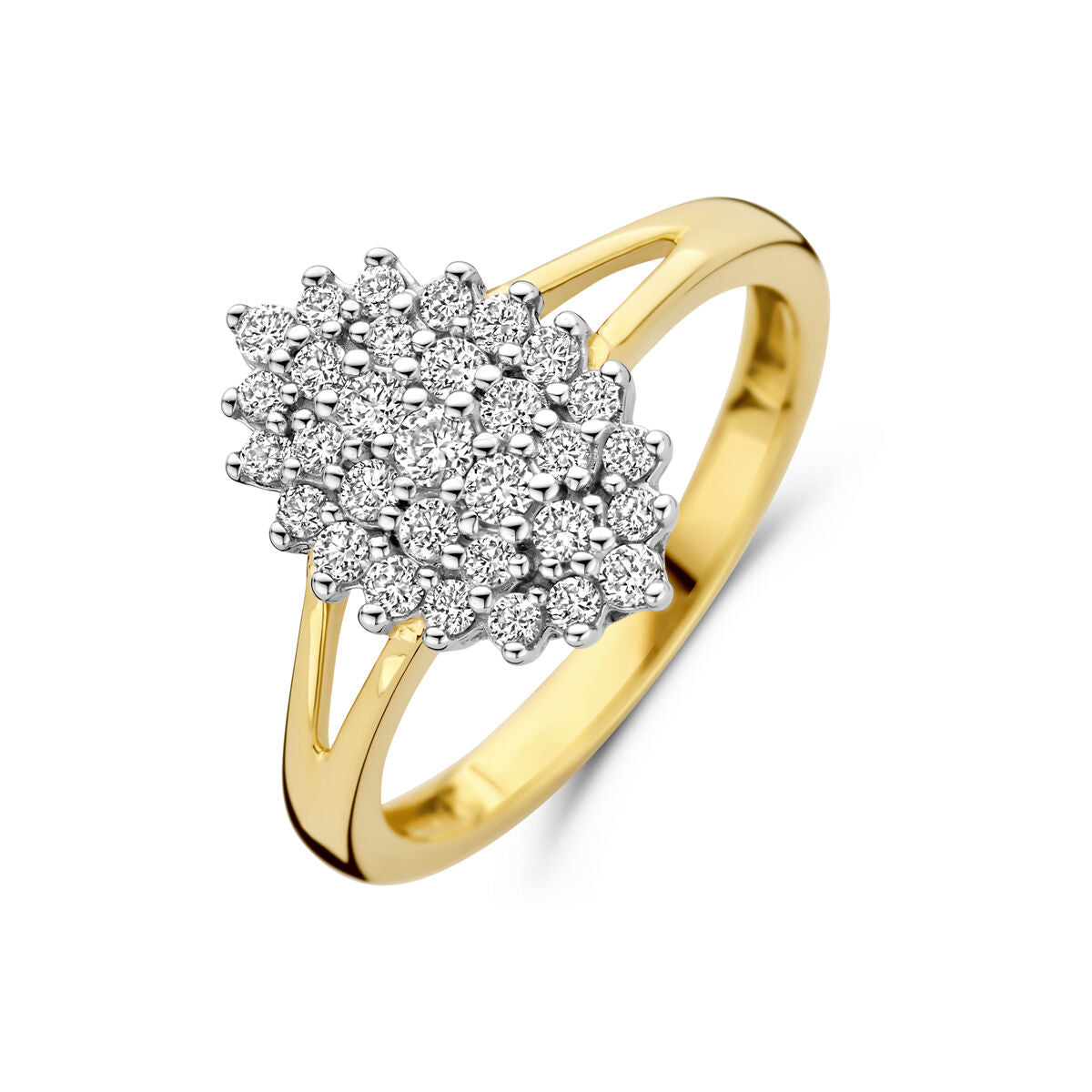 Ring aus 14K Gelbgold mit lab-grown Diamanten, 0,48 ct, blütenförmiger Kopf mit vielen kleinen Steinen