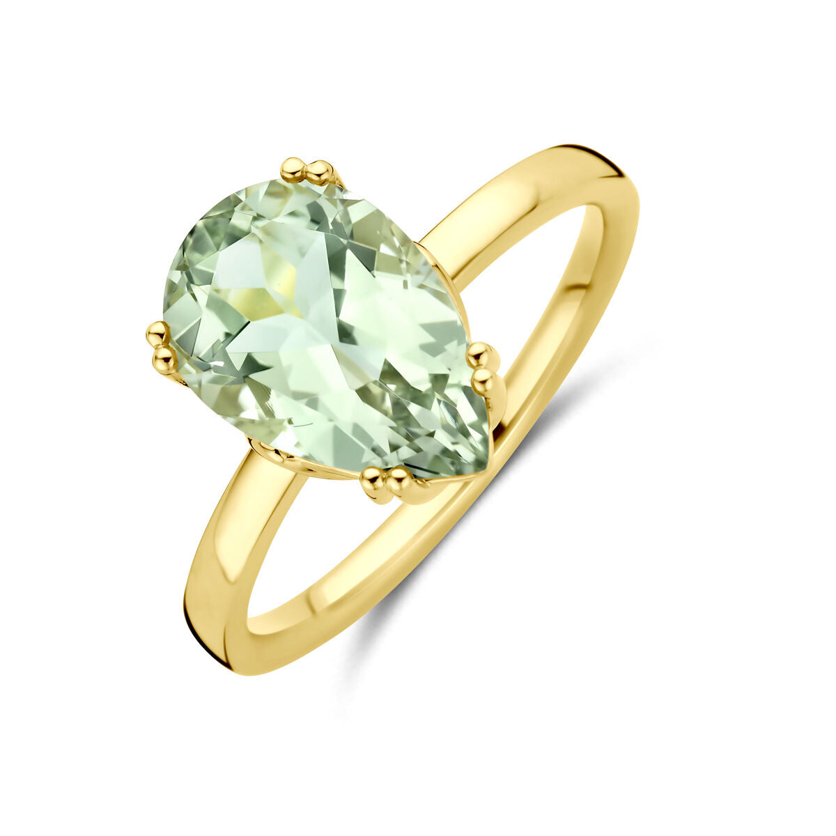 Ring aus 14K Gelbgold mit grünem Amethyst in Tropfenform