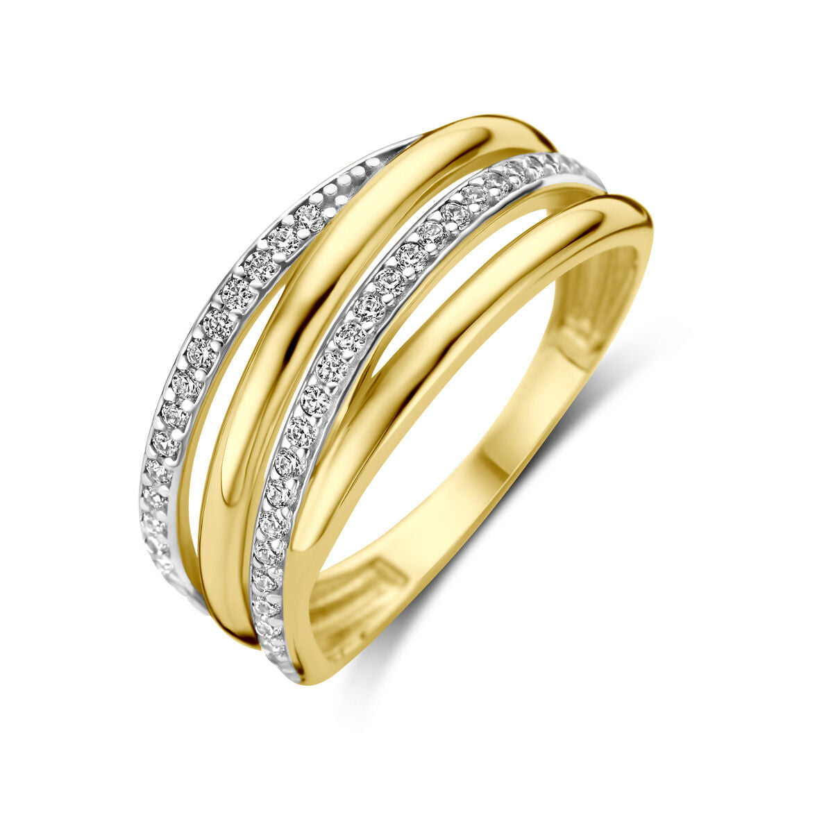 Ring aus 14K Gelbgold mit zwei Zirkonia-Reihen und einer glatten, glänzenden Oberfläche