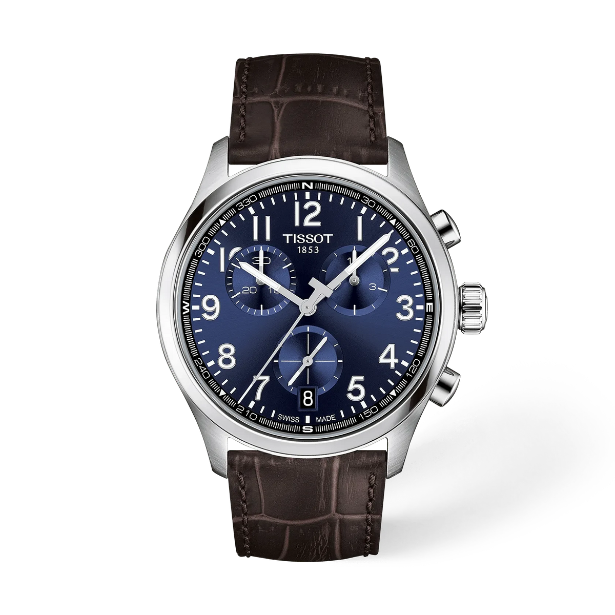 Herrenchronograph mit blauem Zifferblatt, silbernem Gehäuse und braunem Lederarmband