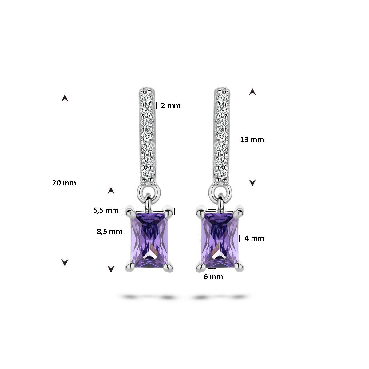Ohrringe mit amethystfarbenem und weißem Zirkonia, Silber rhodiniert