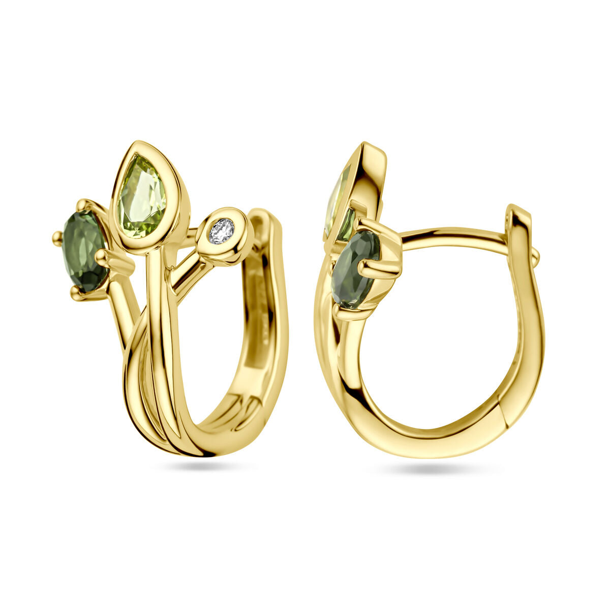 Klappcreolen grün Turmalin, Peridot und Diamant 0.03ct (2x 0.015ct) H SI 14K Gelbgold