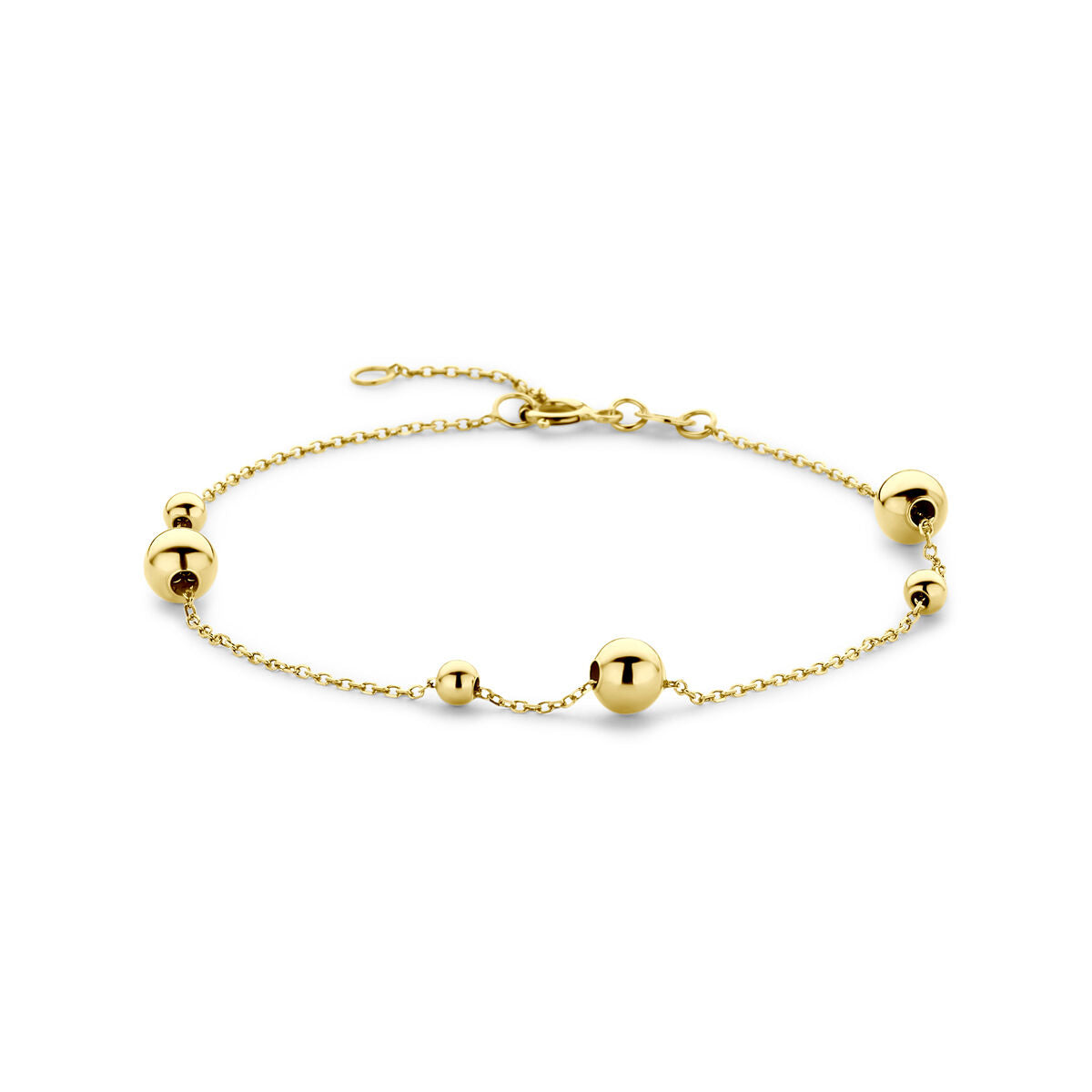 Armband aus 14K Gelbgold mit runden, glänzenden Kugeln und feiner Kette