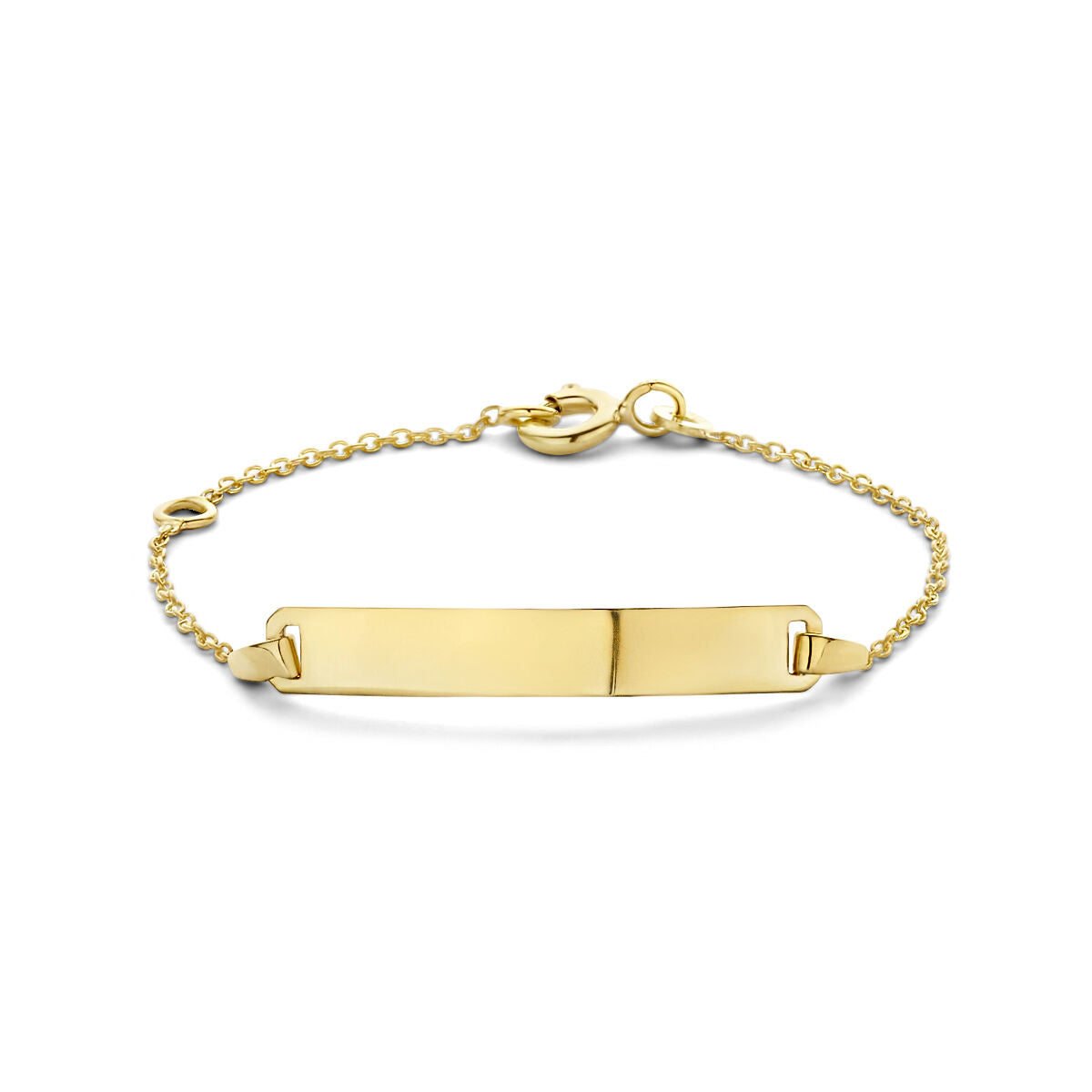 Gravurarmband aus 9 Karat Gold mit flacher, rechteckiger Platte und feiner Kettenstruktur