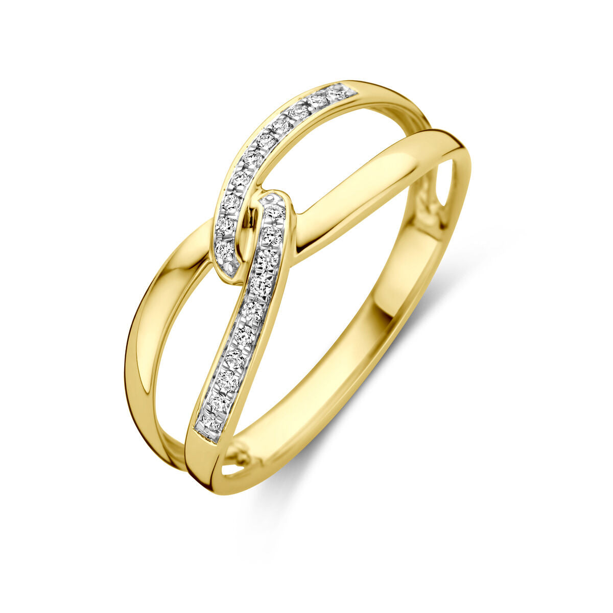 Ring aus 14K Gelbgold mit zwei geschwungenen Elementen und 0,06 ct Diamanten
