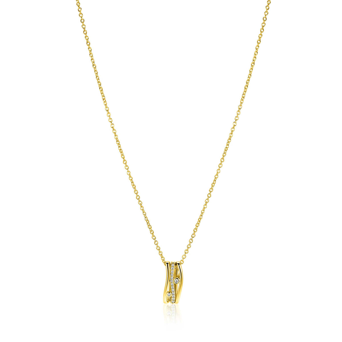 Halskette aus gelbem Gold mit einem geschwungenen Anhänger und feiner Gliederkette