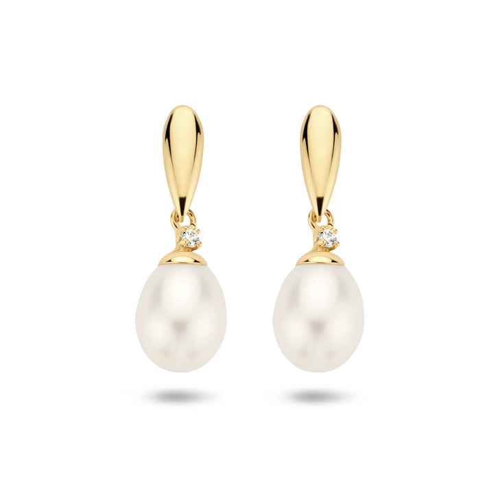 Ohrringe Perle und Zirkonia 14K Gelbgold
