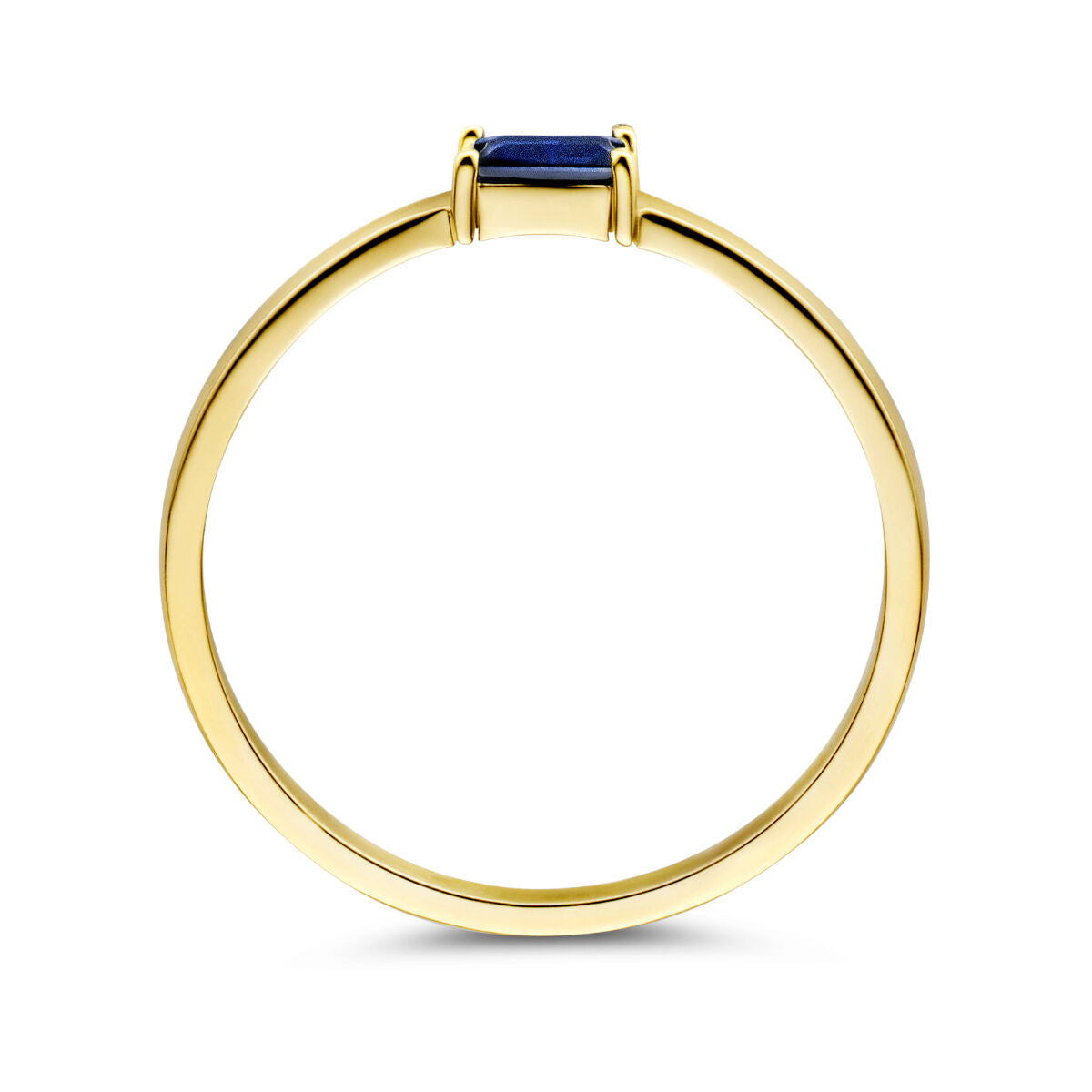 Deze 14K geelgouden ring van Van der Kooij Collectie is voorzien van een saffier, de geboortesteen van september, die in een minimalistische zetting centraal is geplaatst.