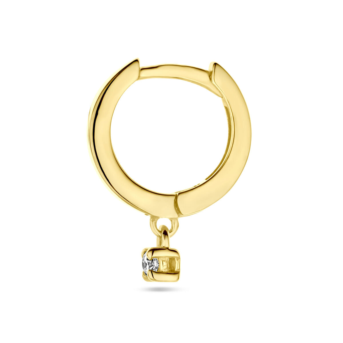 Een 14K geelgouden klapoorring van Van der Kooij Collectie met een vierkante hanger en een heldere diamant van 0.06ct H SI, per stuk getoond tegen een witte achtergrond.