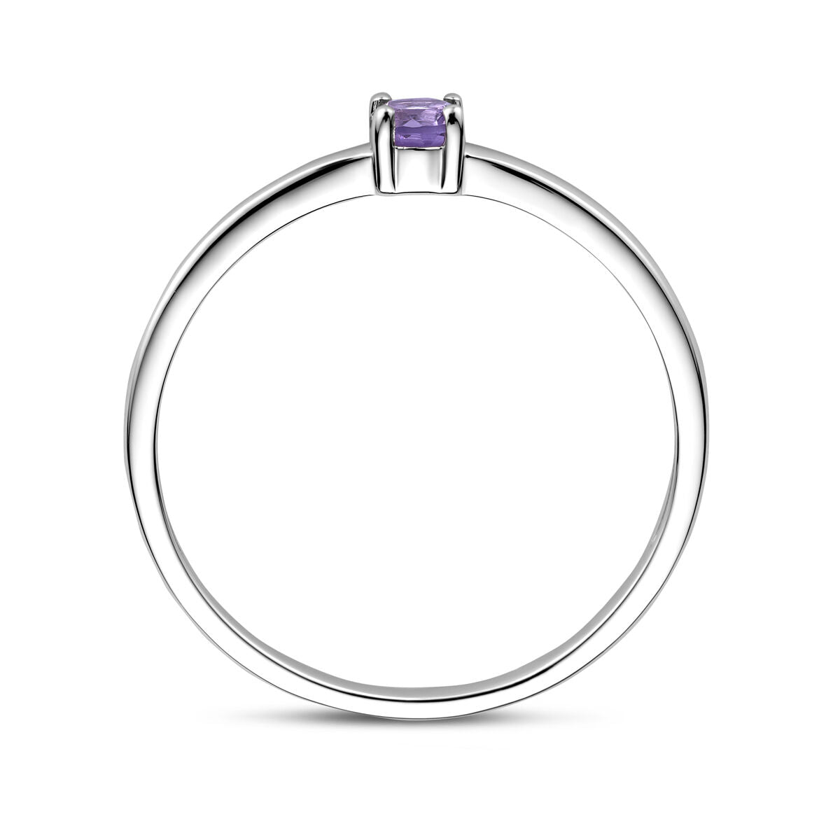 Deze Van der Kooij Collectie ring met geboortesteen licht amethist juni is gemaakt van gerhodineerd zilver en toont een delicate, vierkant geslepen licht amethist in een eenvoudige zetting, tegen een witte achtergrond.