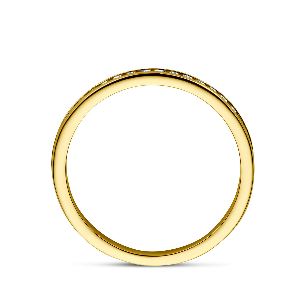 De Van der Kooij Collectie aanschuifring zirkonia 14K geelgoud heeft een gladde, afgeronde band en is rechtopstaand afgebeeld in een cirkelvorm tegen een witte achtergrond.