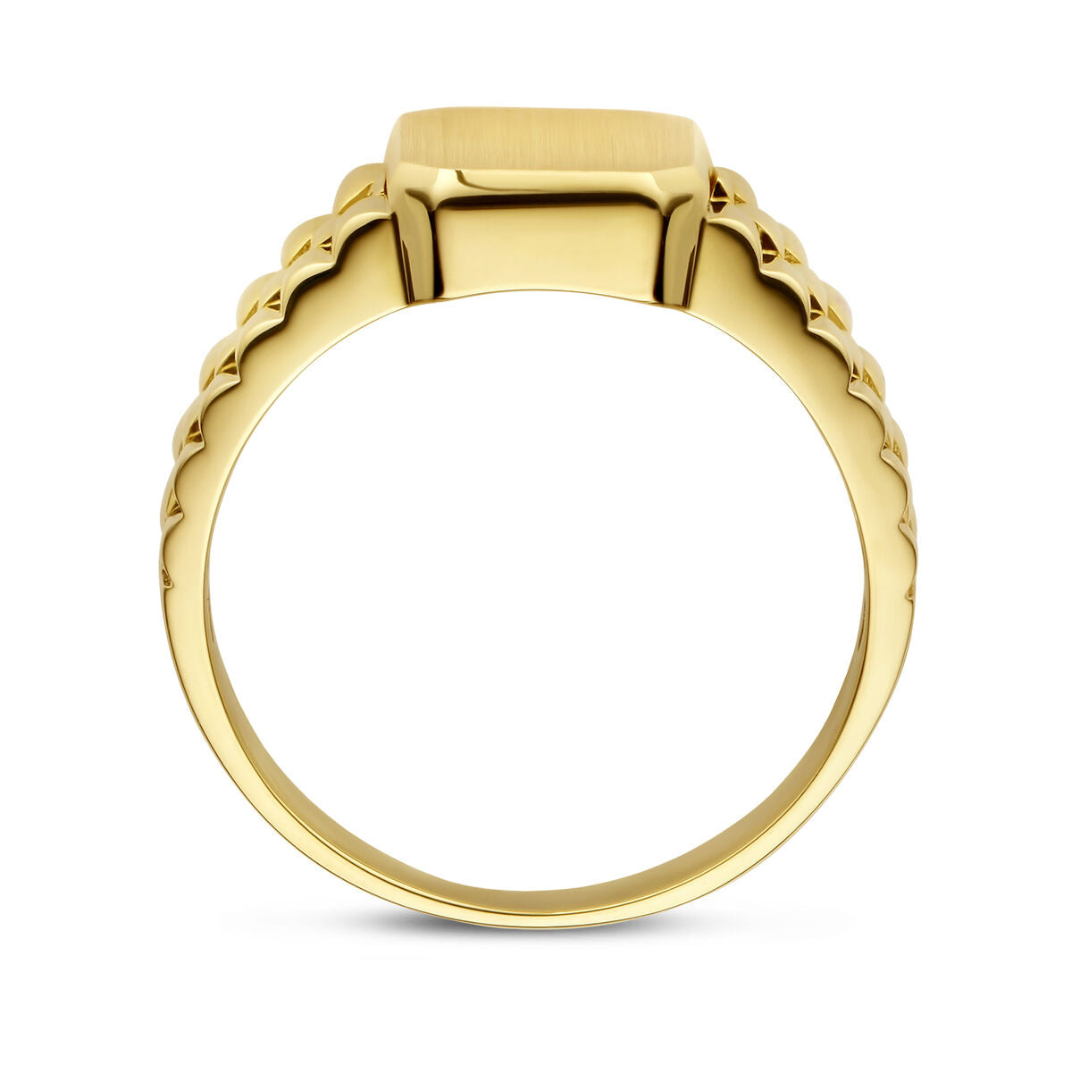 Het graveerring gematteerd 14K geelgoud van Van der Kooij Collectie heeft een platte, rechthoekige bovenkant en geschulpte bandzijden, waardoor het vanaf de voorkant gezien een klassieke heren ring goud stijl uitstraalt.