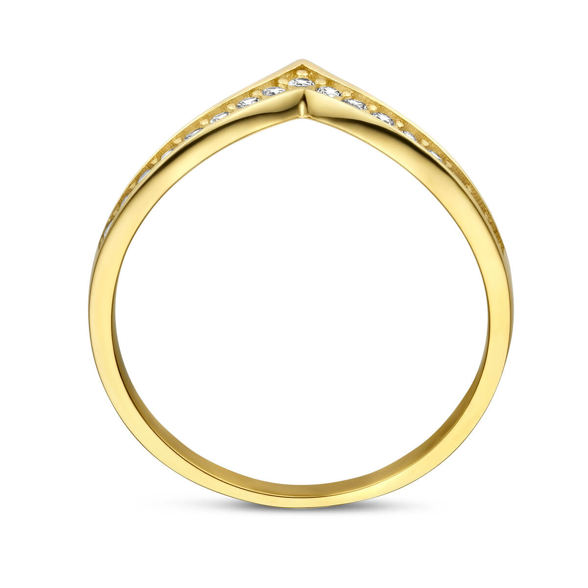 De ring v zirkonia 14K geelgoud uit de Van der Kooij Collectie is een chevronvormige ring van 14k geelgoud, bezet met fonkelende witte zirkonia langs de bovenrand voor een echte, elegante uitstraling.