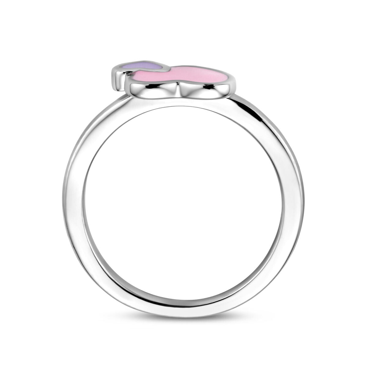Een zilveren ring van Van der Kooij Collectie, model "ring hartjes zilver gerhodineerd," met hartvormig ontwerp, perfect voor kinderen, gepresenteerd op een witte achtergrond.