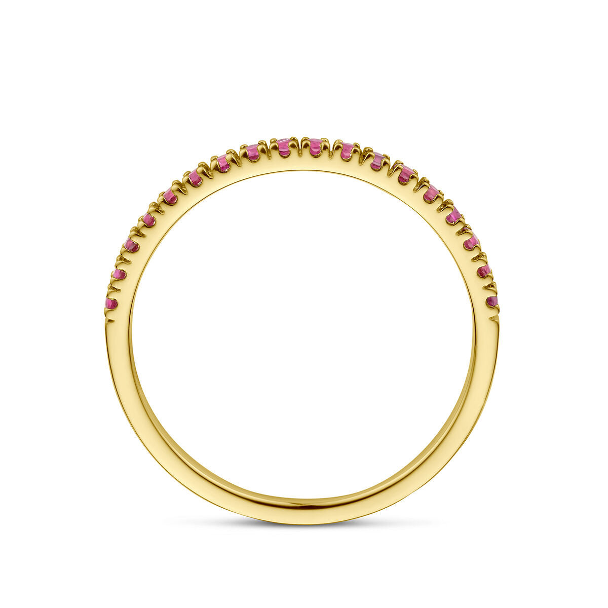 Een 14K geelgouden "ring met geboortesteen robijn juli" uit de Van der Kooij Collectie, bezet met kleine robijnen langs de bovenzijde, getoond op een witte achtergrond.